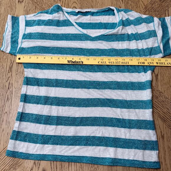 Chico’s Women’s 0 Small Sparkle Teal White Striped Tinsel Tee - Picture 4 of 7